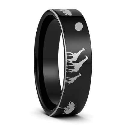 Giraffe Safari Scene Tungsten Men's Wedding Band