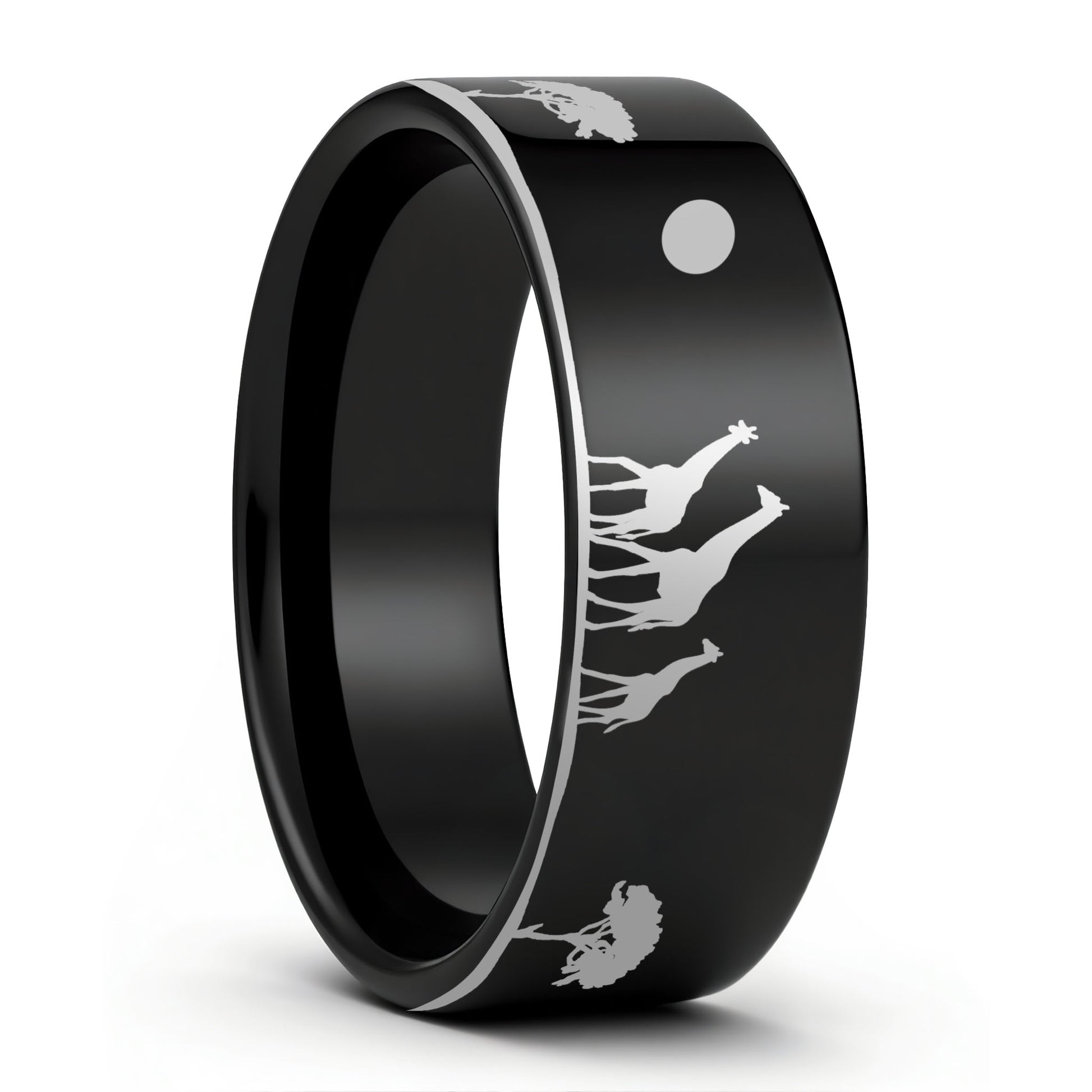 One Giraffe Black Tungsten Men's Wedding Band displayed on a plain white background