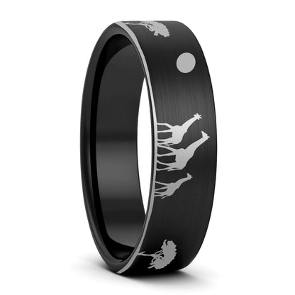 Giraffe Safari Scene Tungsten Men's Wedding Band