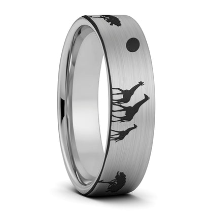 Giraffe Safari Scene Tungsten Men's Wedding Band