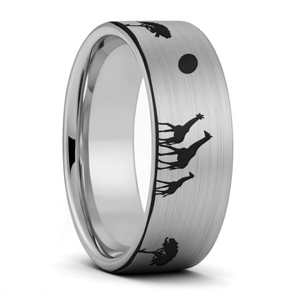 Giraffe Safari Scene Tungsten Men's Wedding Band