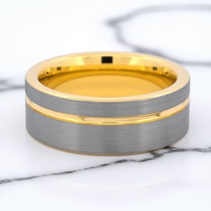 Asymmetrical Gold Grooved Gunmetal Gray Tungsten Men's Wedding Band