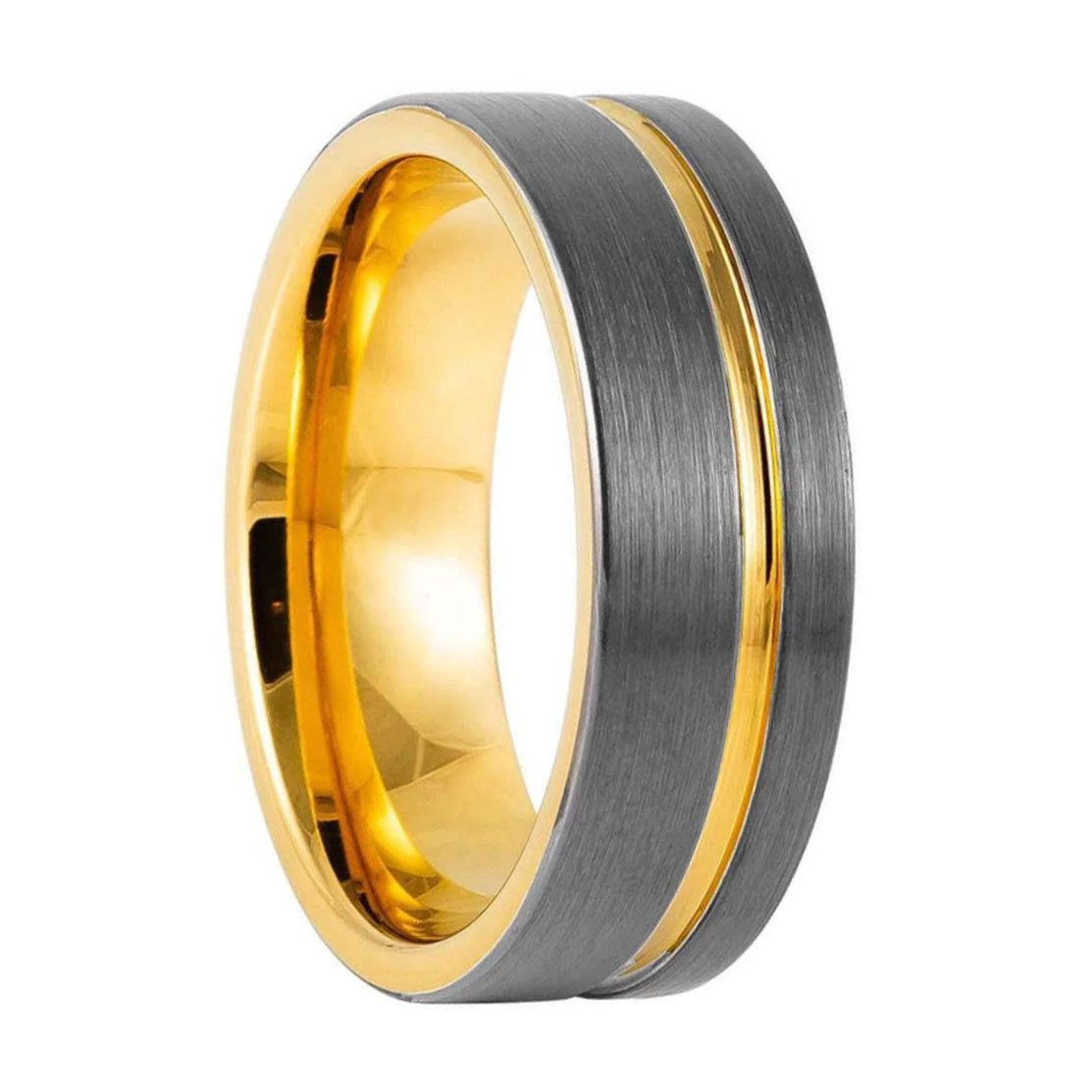 Alianza de boda para hombre de tungsteno gris metalizado con ranuras doradas asimétricas