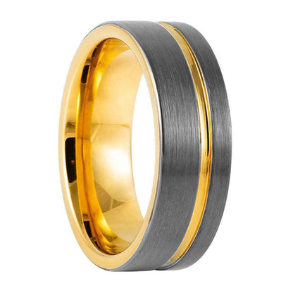 Asymmetrical Gold Grooved Gunmetal Gray Tungsten Men's Wedding Band