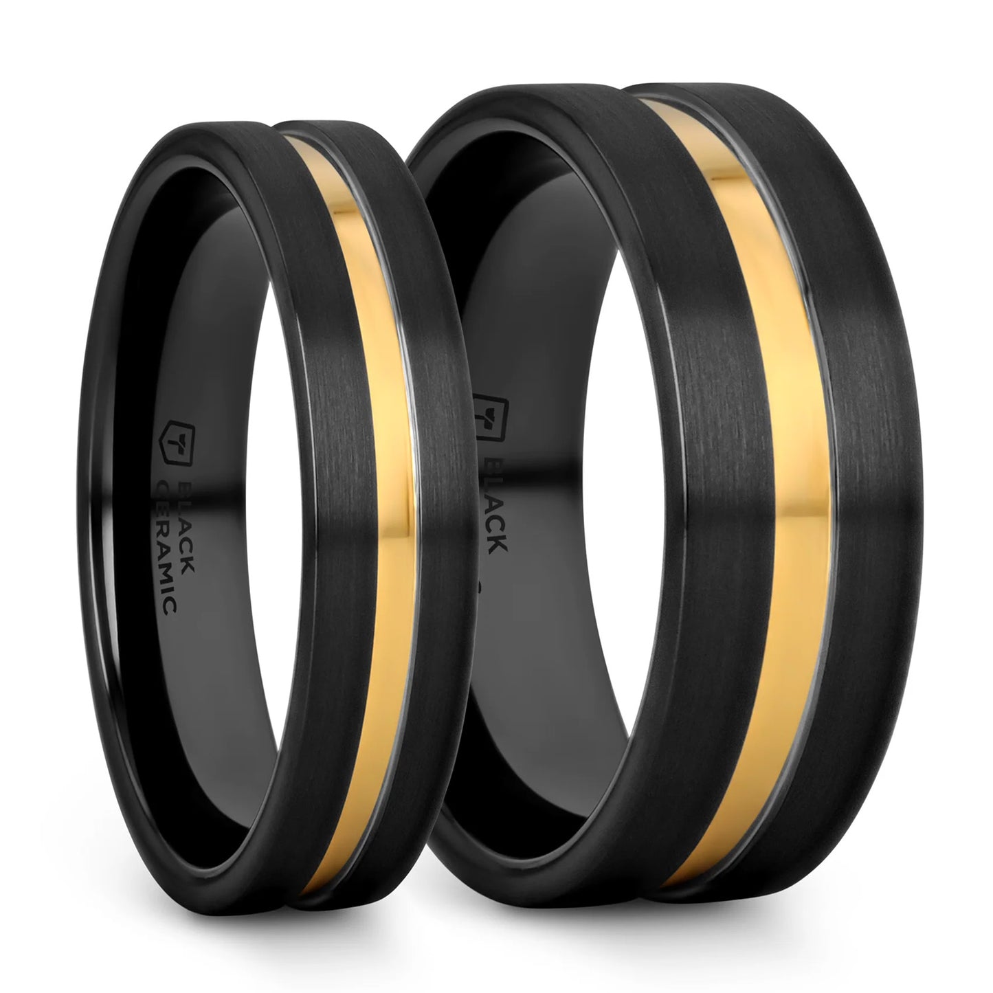 Gold Grooved Brushed Black Ceramic Couple's Matching Wedding Band Set