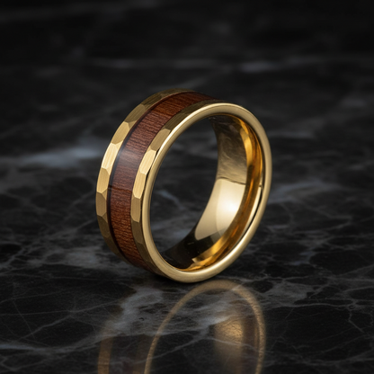 Gold Hammered Tungsten Men's Wedding Band with Wood Inlay