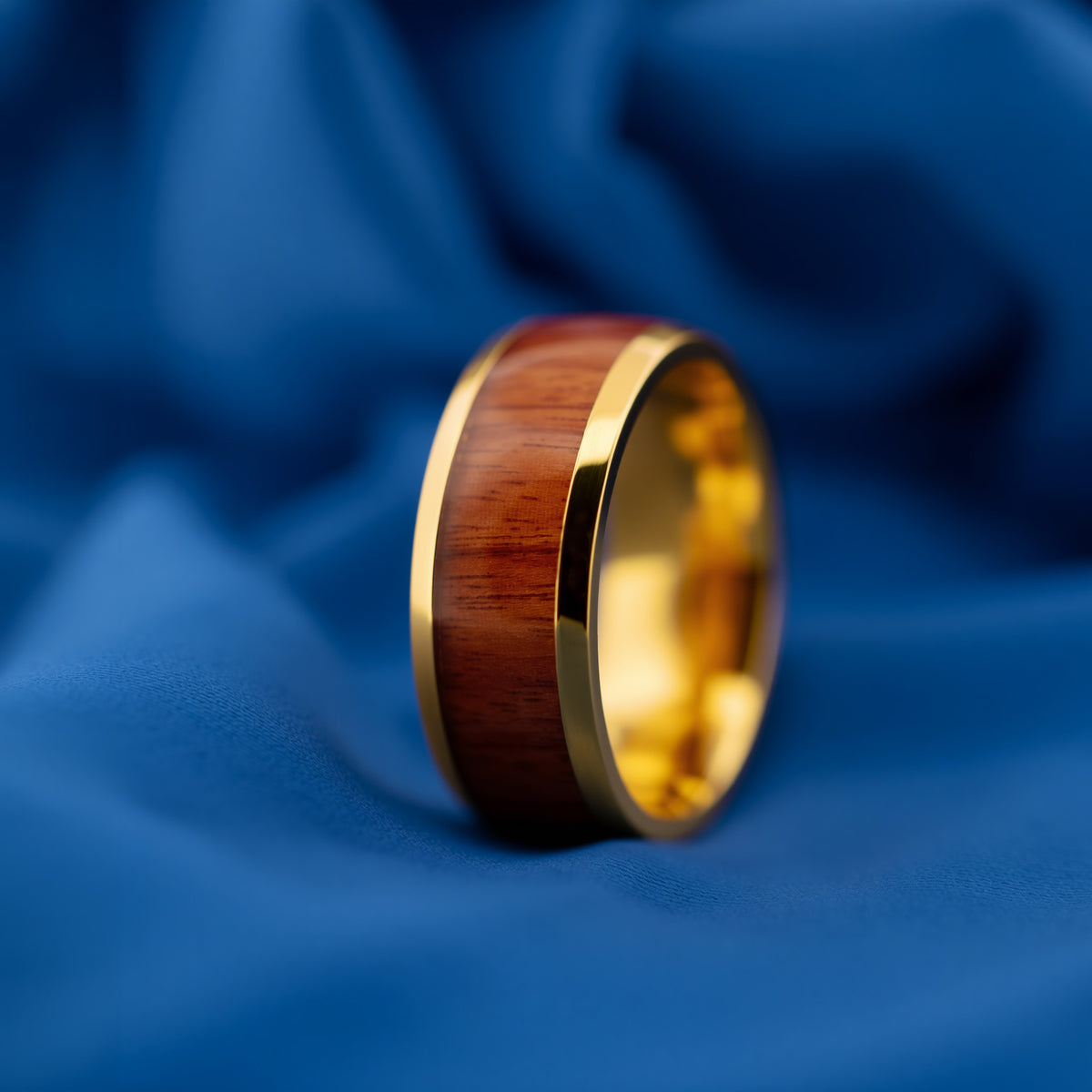 Gold Titanium Men's Wedding Band with Koa Wood Inlay