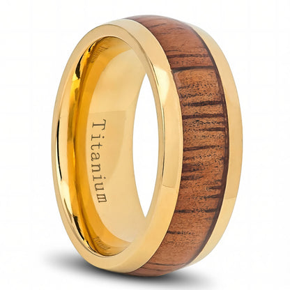 Gold Titanium Men's Wedding Band with Koa Wood Inlay
