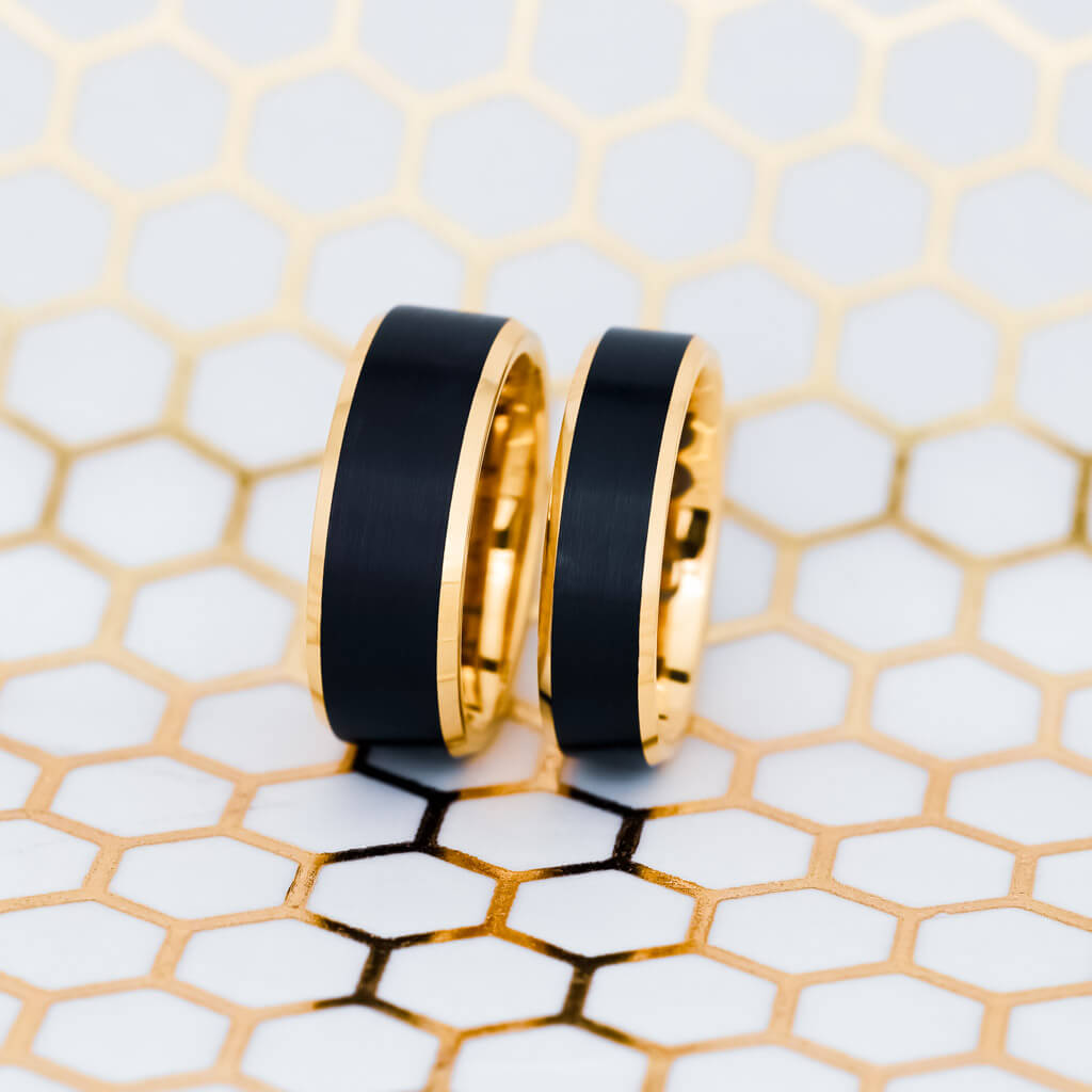 Gold Tungsten Couple's Matching Wedding Band Set with Black Center