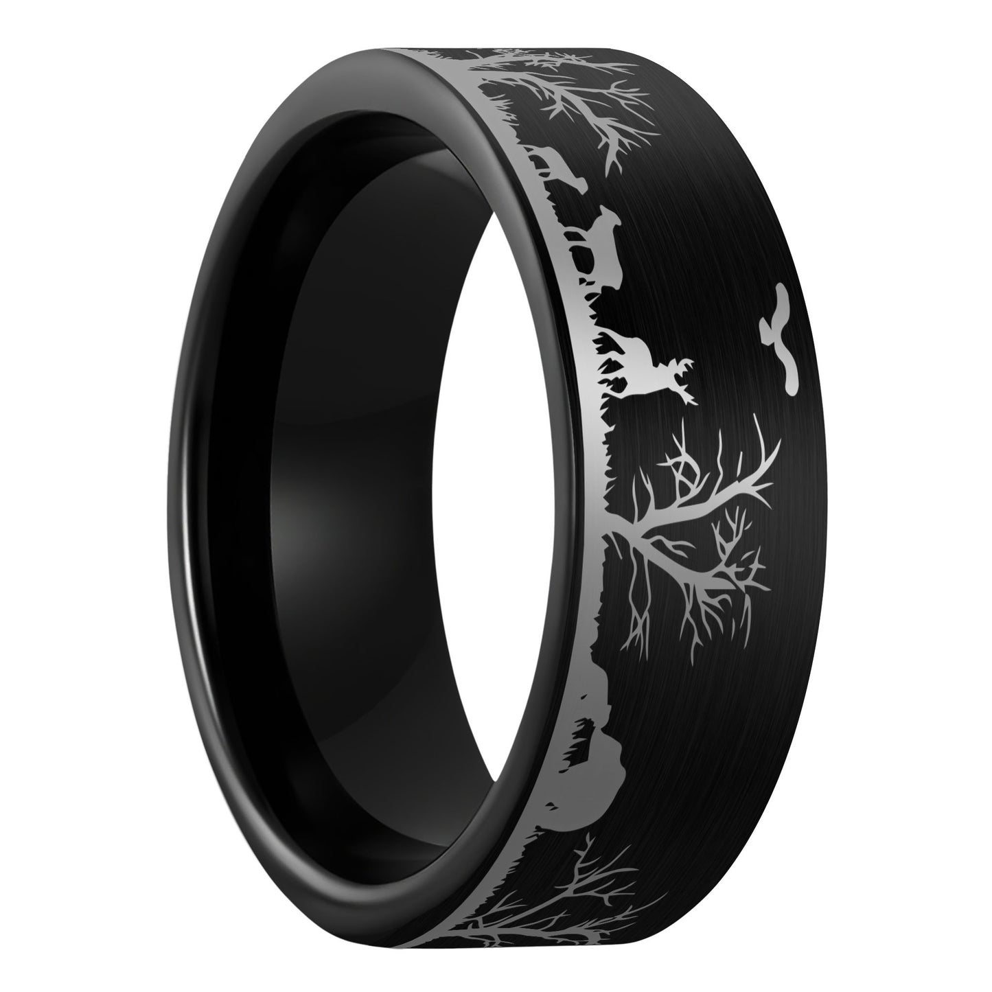 A grassland animals scene brushed black tungsten men's wedding band displayed on a plain white background.