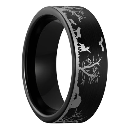 A grassland animals scene brushed black tungsten men's wedding band displayed on a plain white background.