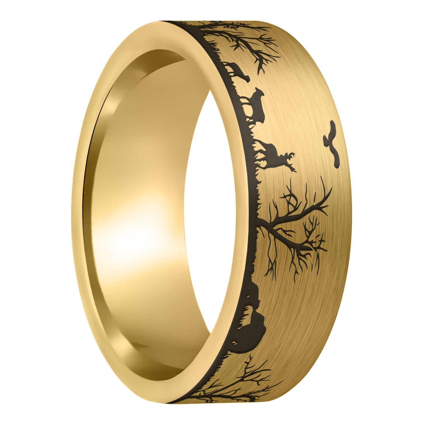 A grassland animals scene brushed gold tungsten men's wedding band displayed on a plain white background.