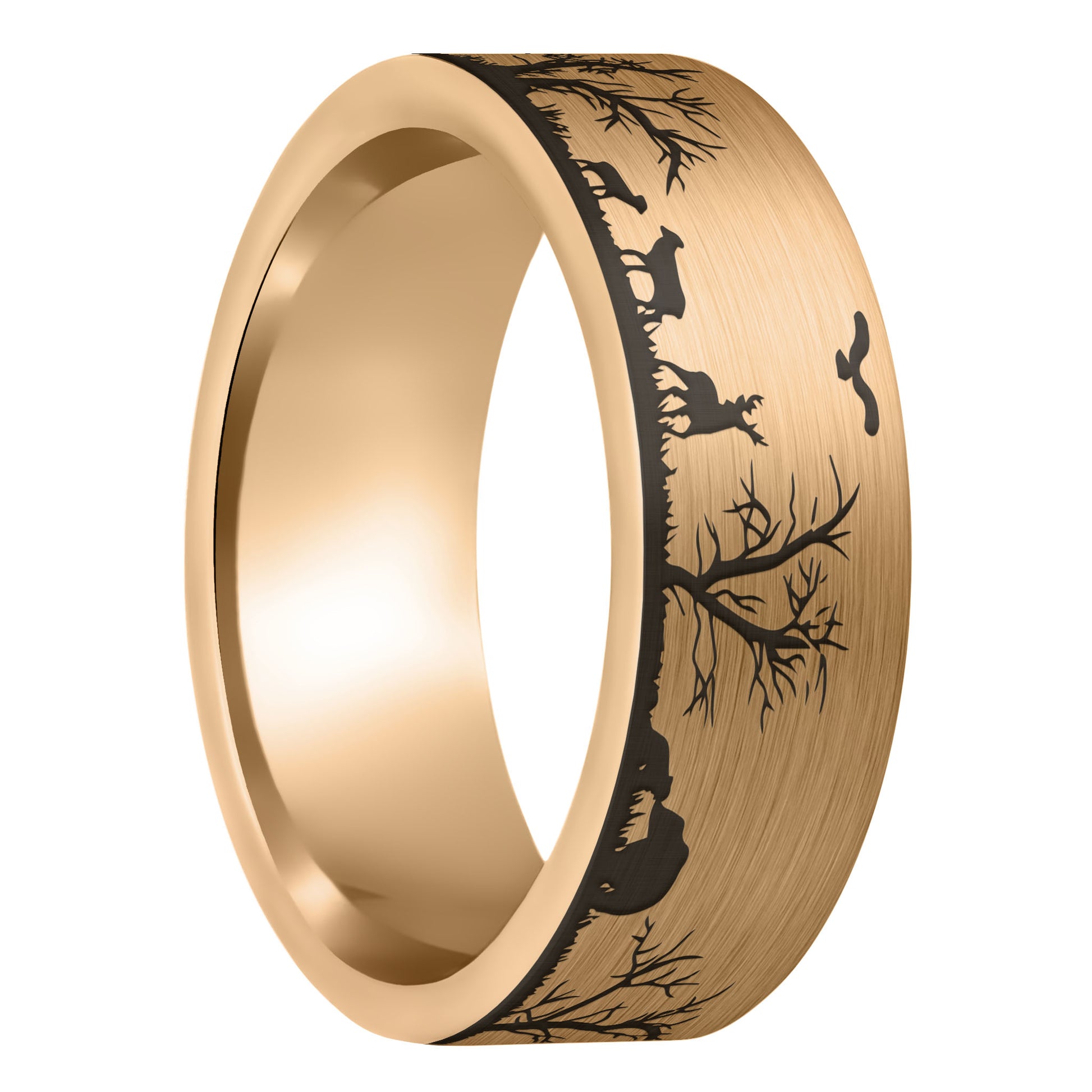A grassland animals scene brushed rose gold tungsten men's wedding band displayed on a plain white background.