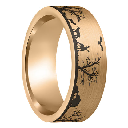 A grassland animals scene brushed rose gold tungsten men's wedding band displayed on a plain white background.