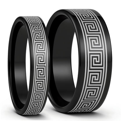 Greek Key Tungsten Couple's Matching Wedding Band Set
