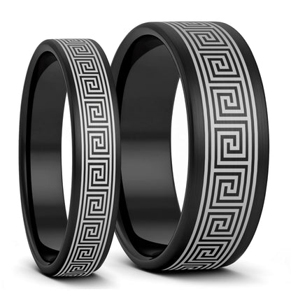 Greek Key Brushed Tungsten Couple's Matching Wedding Band Set