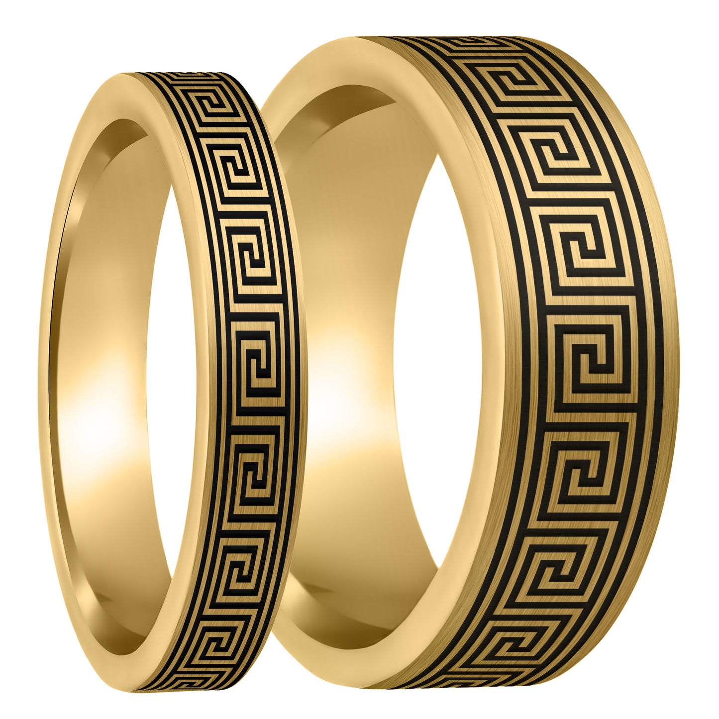 Greek Key Brushed Gold Tungsten Couple's Matching Wedding Band Set