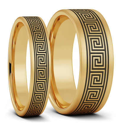 Greek Key Brushed Tungsten Couple's Matching Wedding Band Set