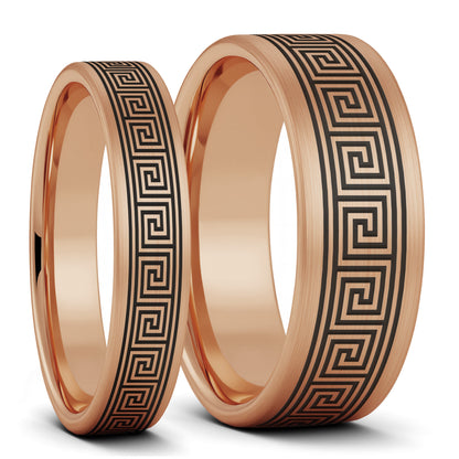 Greek Key Brushed Tungsten Couple's Matching Wedding Band Set