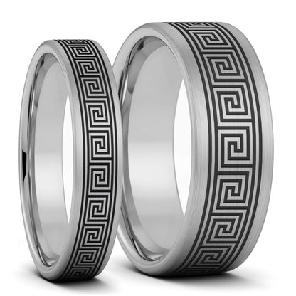 Greek Key Brushed Tungsten Couple's Matching Wedding Band Set