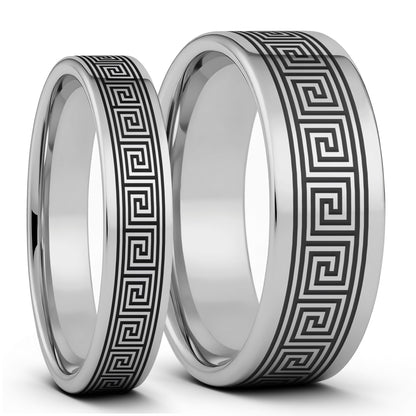 Greek Key Tungsten Couple's Matching Wedding Band Set