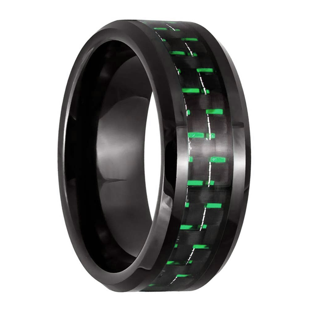 Green & Black Carbon Fiber Inlaid Black Tungsten Men's Wedding Band