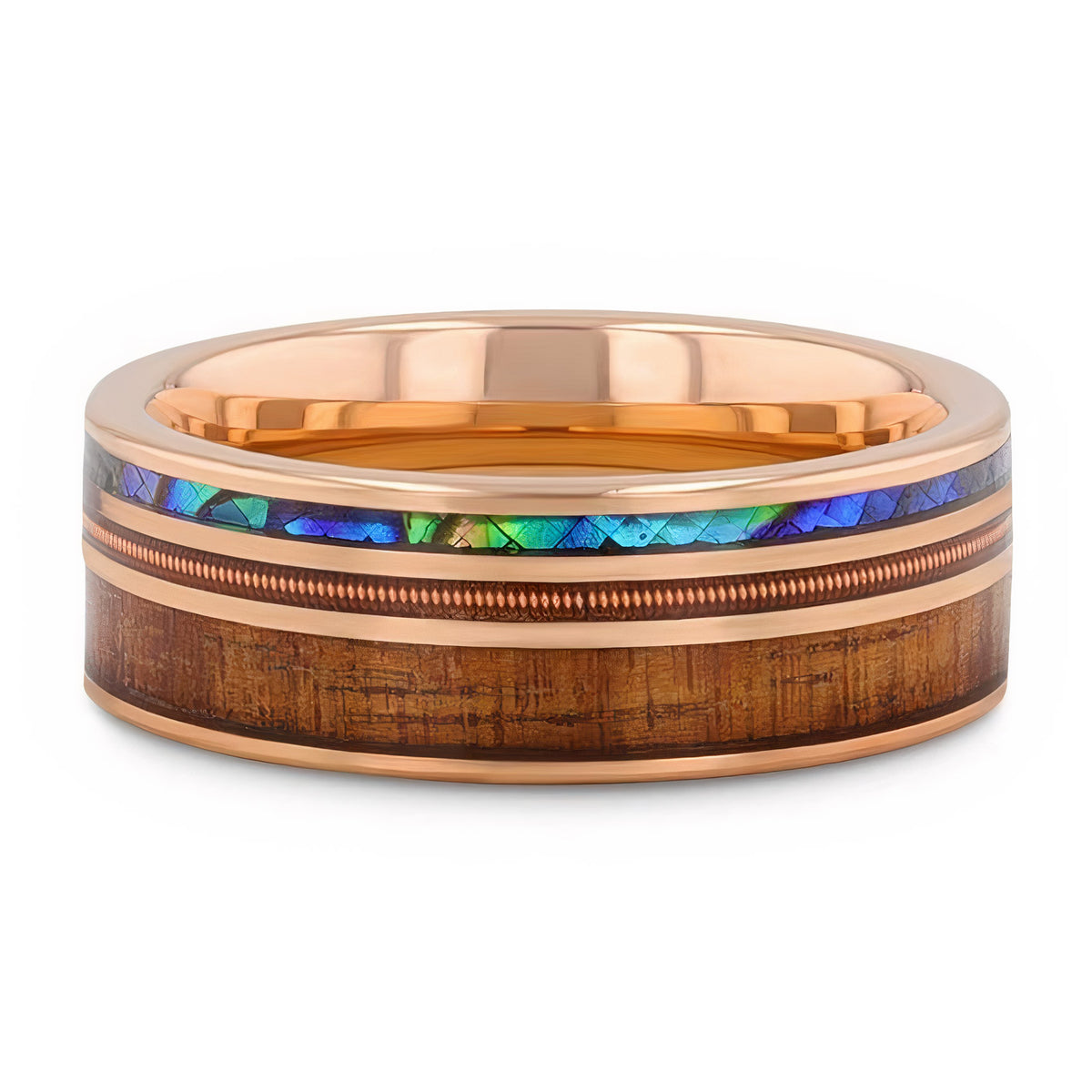 Alliance pour homme en tungstène plaqué or rose avec incrustation de bois de koa