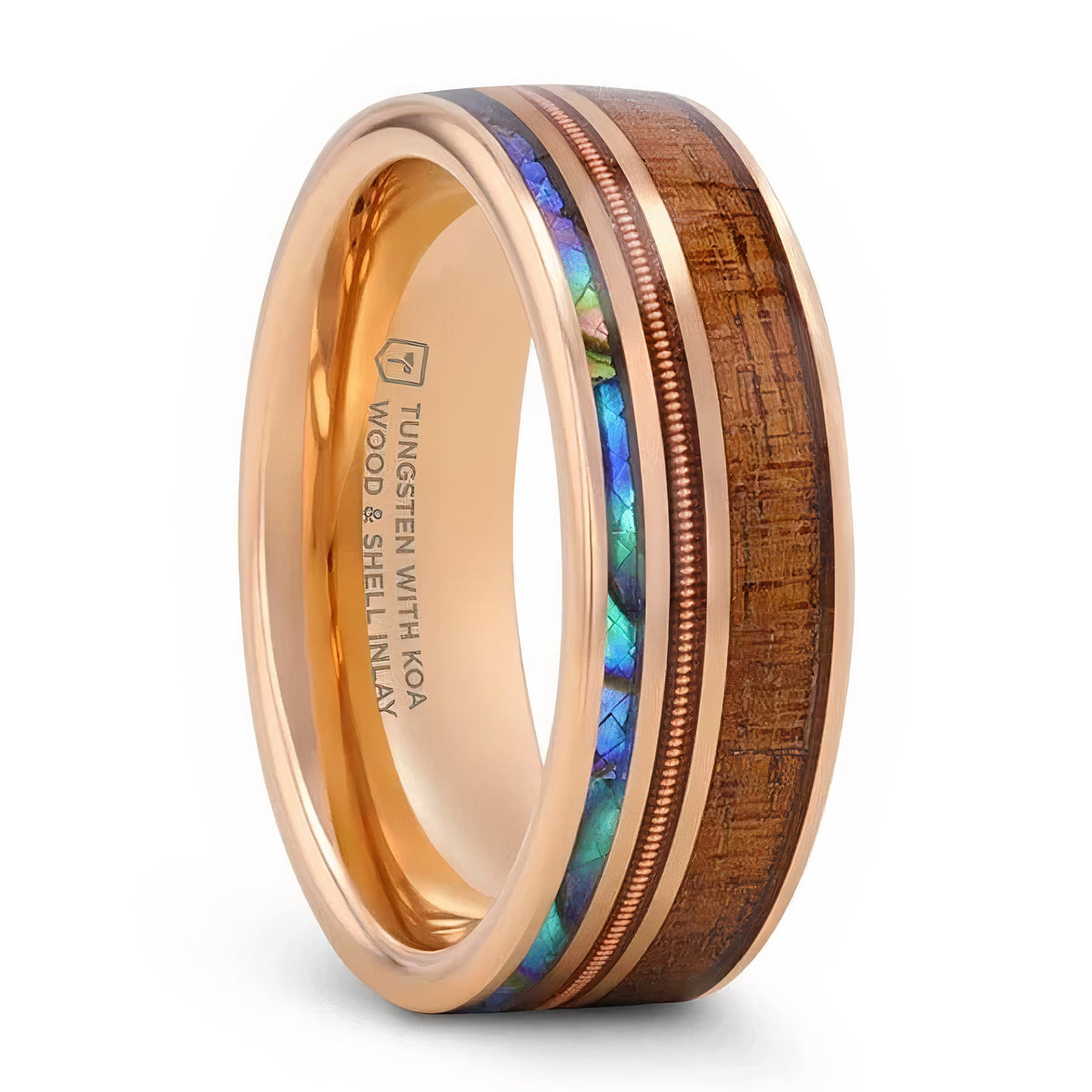 Alliance pour homme en tungstène plaqué or rose avec incrustation de bois de koa