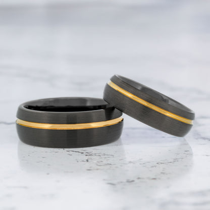 Gunmetal Tungsten Couple's Matching Wedding Band Set with Asymmetrical Gold Groove