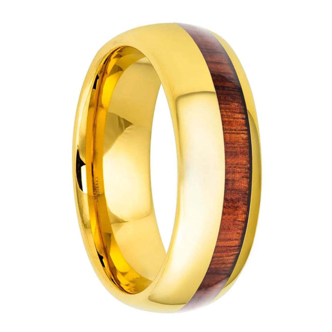 Alianza de boda para hombre de tungsteno dorado con incrustaciones de madera de medio koa