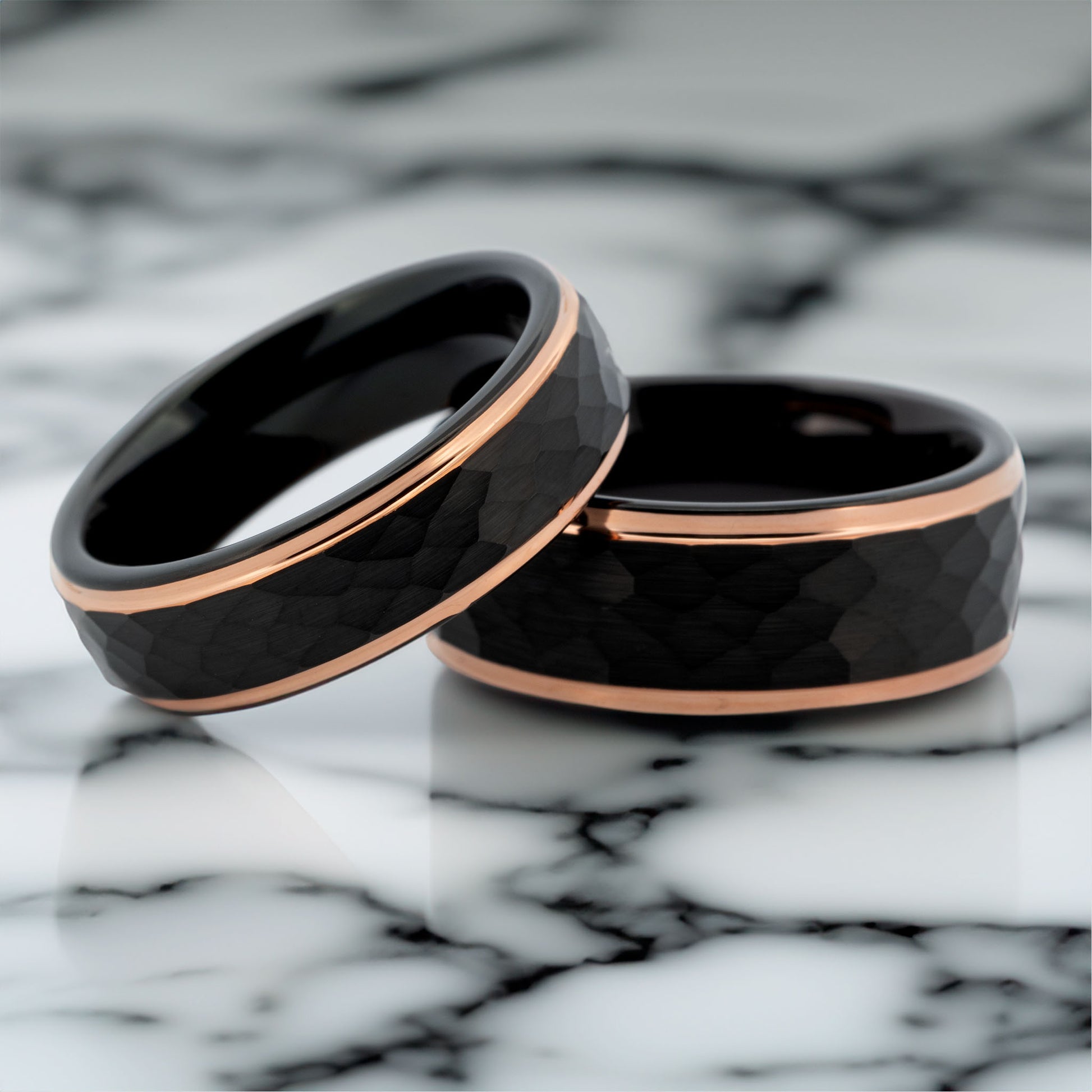 Hammered Rose Gold Black Tungsten Couple's Wedding Ring Set