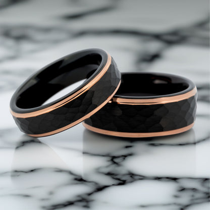 Hammered Black Tungsten Couple's Matching Wedding Band Set with Rose Gold Edges