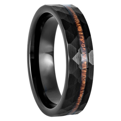 Hammered Black Tungsten Men's Wedding Band with Asymmetrical Wood Inlay