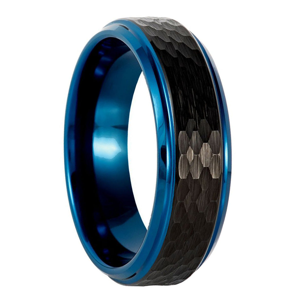 Hammered Black Tungsten Men's Wedding Band with Blue Edges