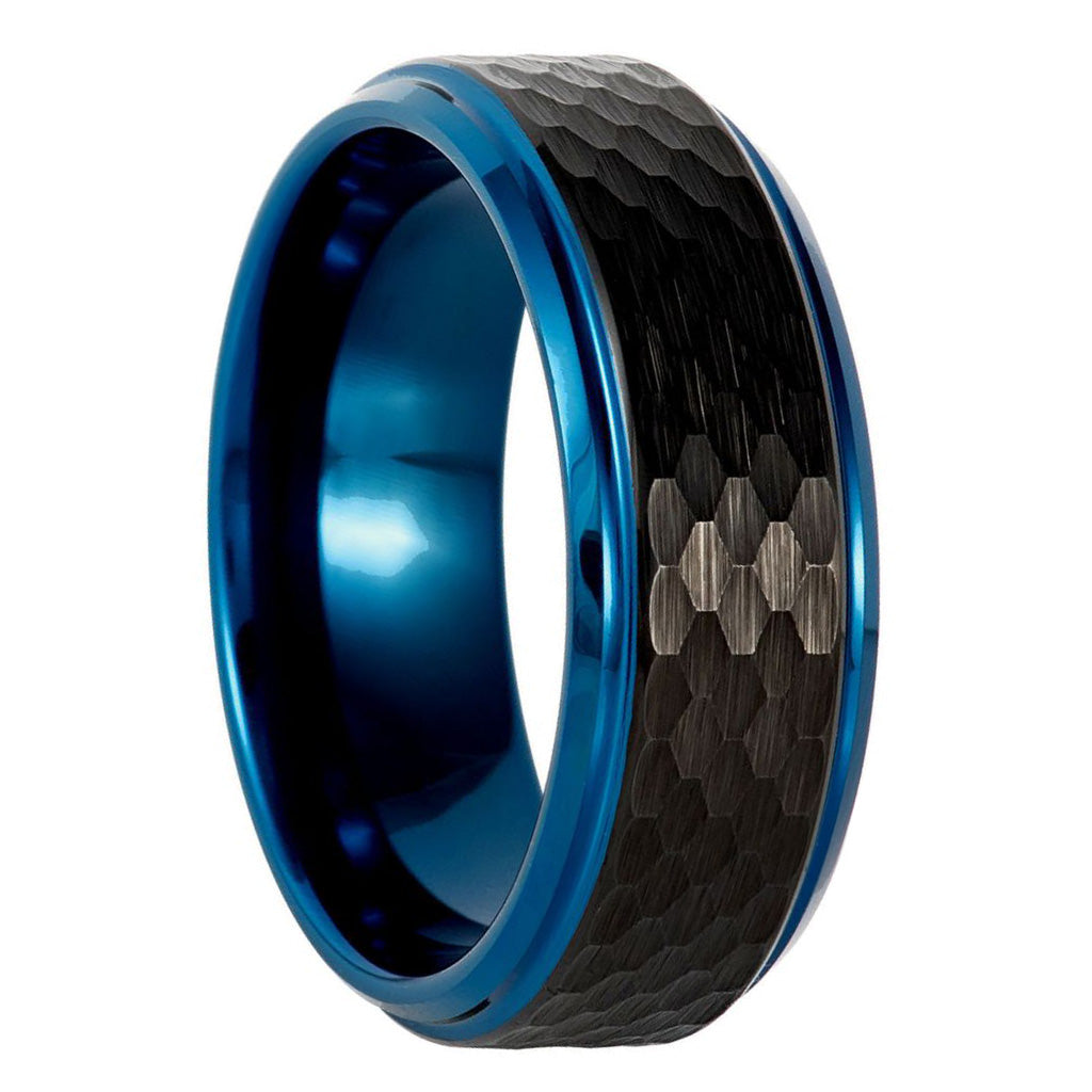 Hammered Black Tungsten Men's Wedding Band with Blue Edges