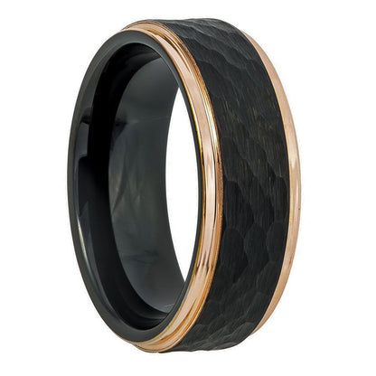 Hammered Black Tungsten Women's Wedding Band with Rose Gold Edges