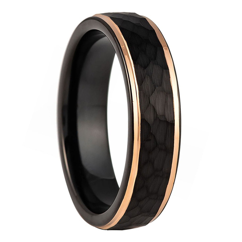 Hammered Black Tungsten Women's Wedding Band with Rose Gold Edges