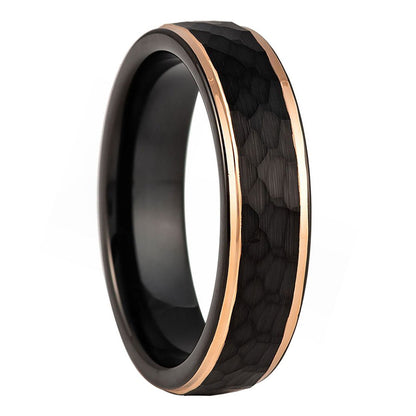 Hammered Black Tungsten Women's Wedding Band with Rose Gold Edges