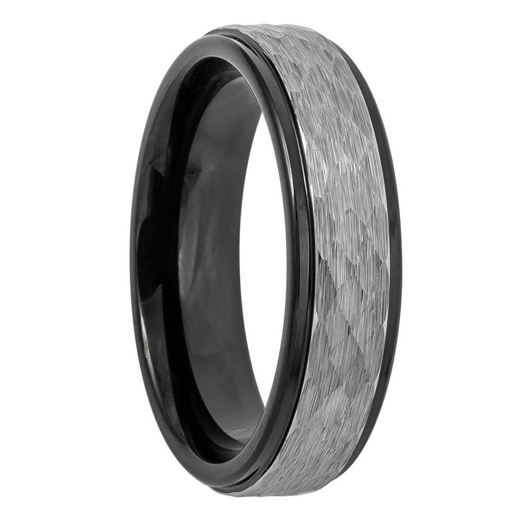 Hammered Brushed Tungsten Couple's Matching Wedding Band Set with Black Interior