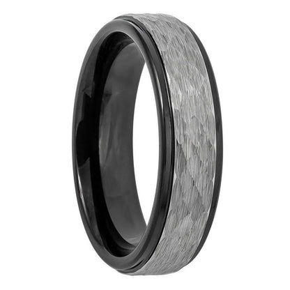 Hammered Brushed Tungsten Couple's Matching Wedding Band Set with Black Interior