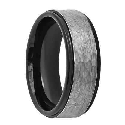 Hammered Brushed Tungsten Couple's Matching Wedding Band Set with Black Interior