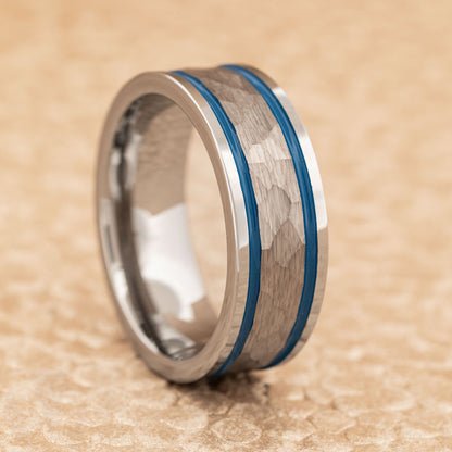 Hammered Tungsten Men's Wedding Band with Dual Blue Stripes
