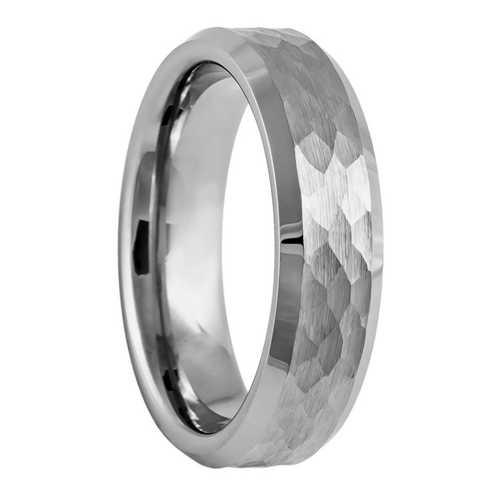Hammered Tungsten Men's Wedding Band with Beveled Edges