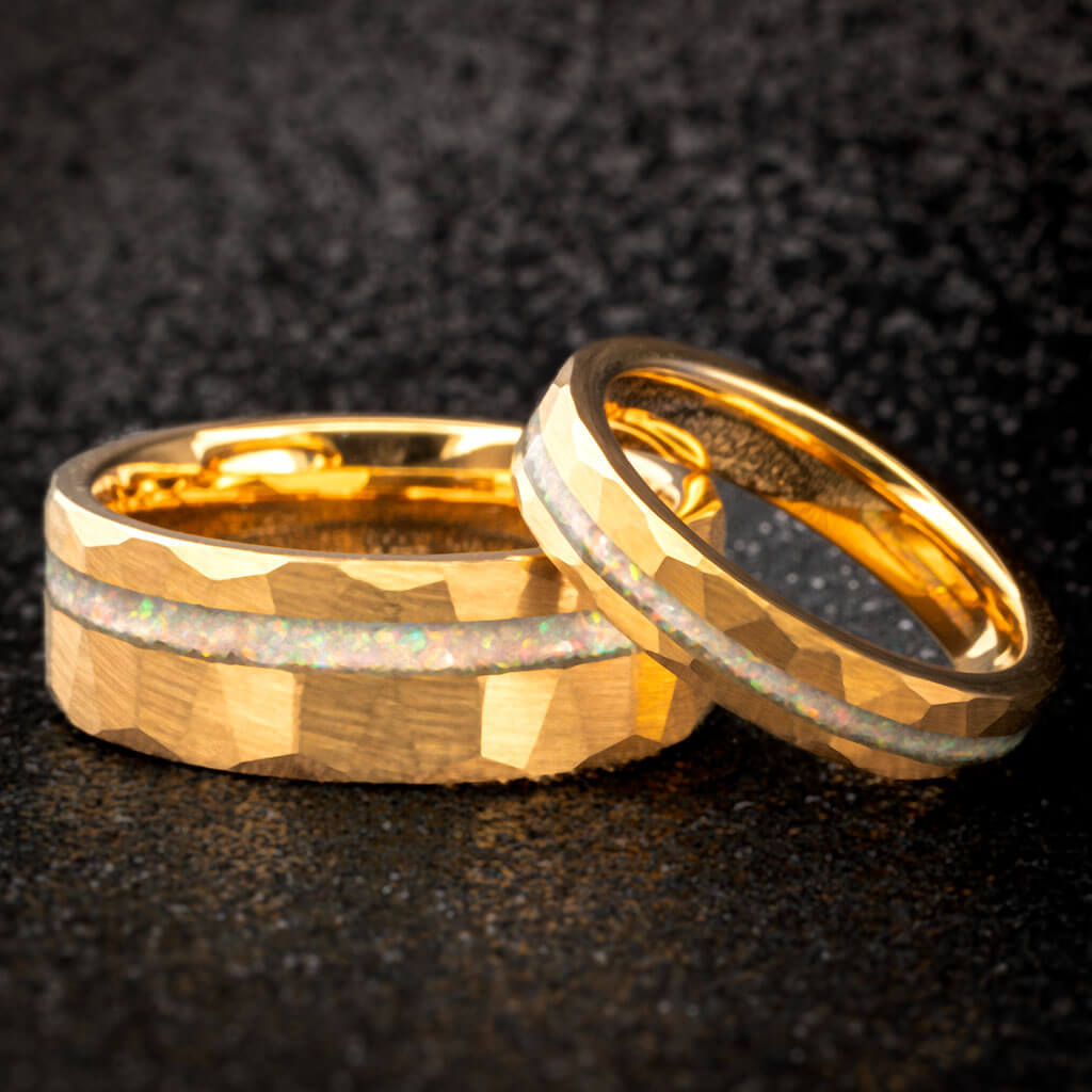 Fire Opal Galaxy Inlay Gold Tungsten Couple's Ring Set