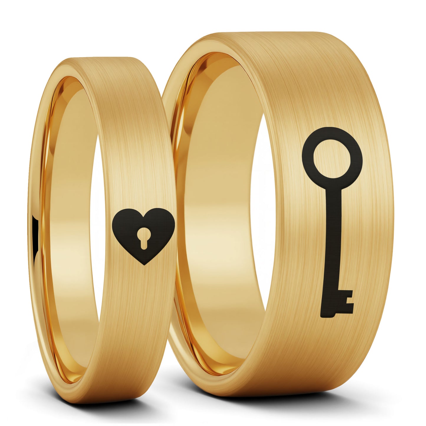 Heart Lock & Key Brushed Tungsten Couple's Matching Wedding Band Set