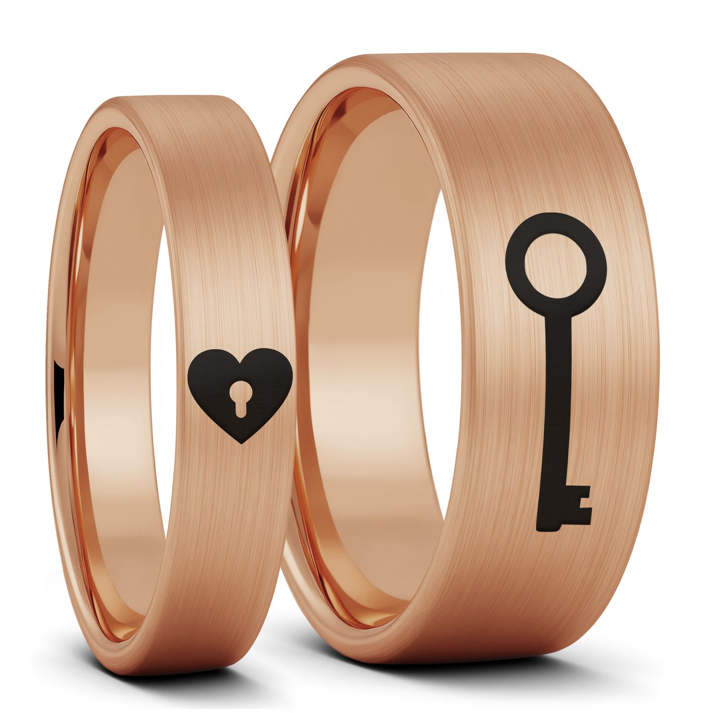 Heart Lock & Key Brushed Tungsten Couple's Matching Wedding Band Set