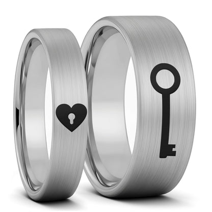 Heart Lock & Key Brushed Tungsten Couple's Matching Wedding Band Set