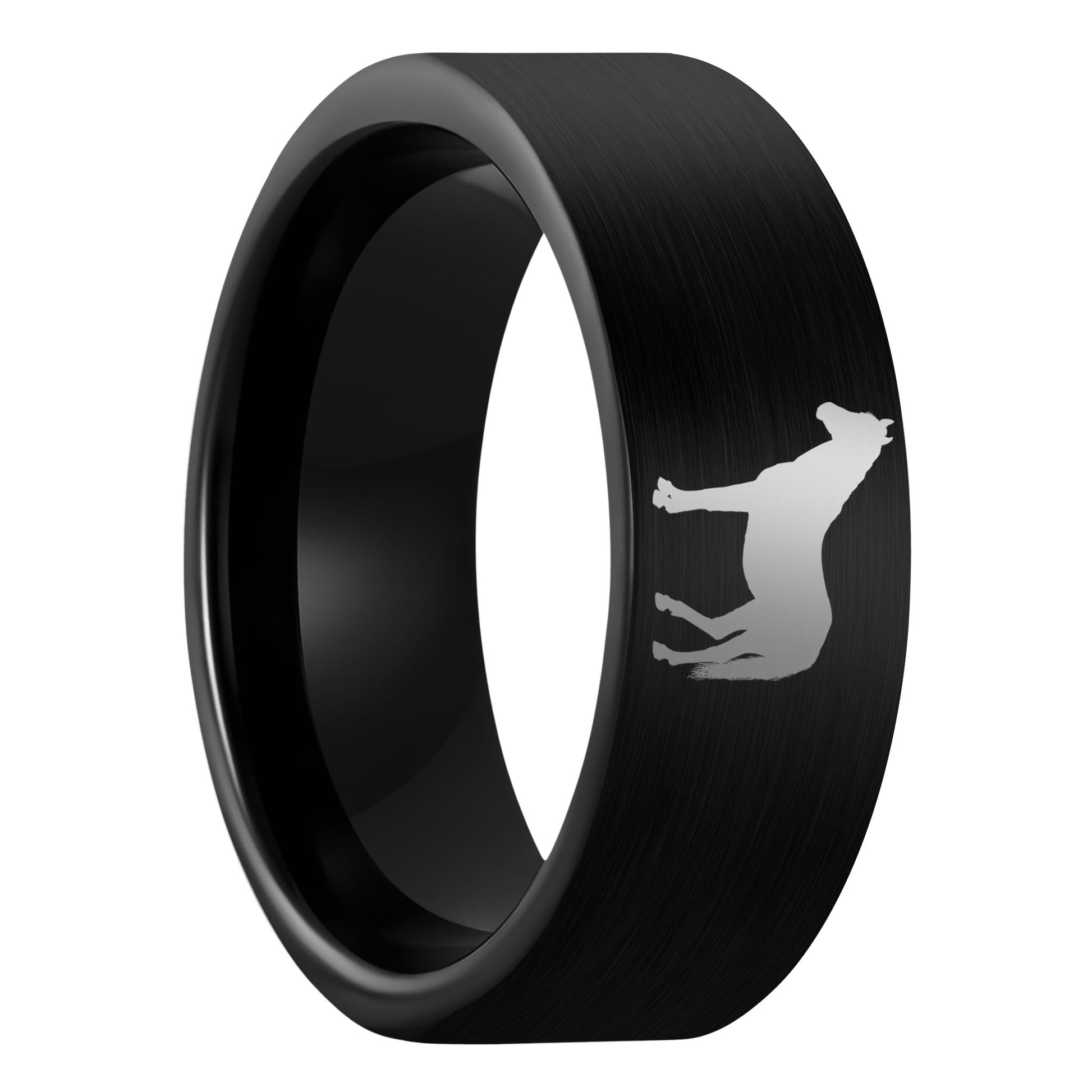 A horse brushed black tungsten men's wedding band displayed on a plain white background.