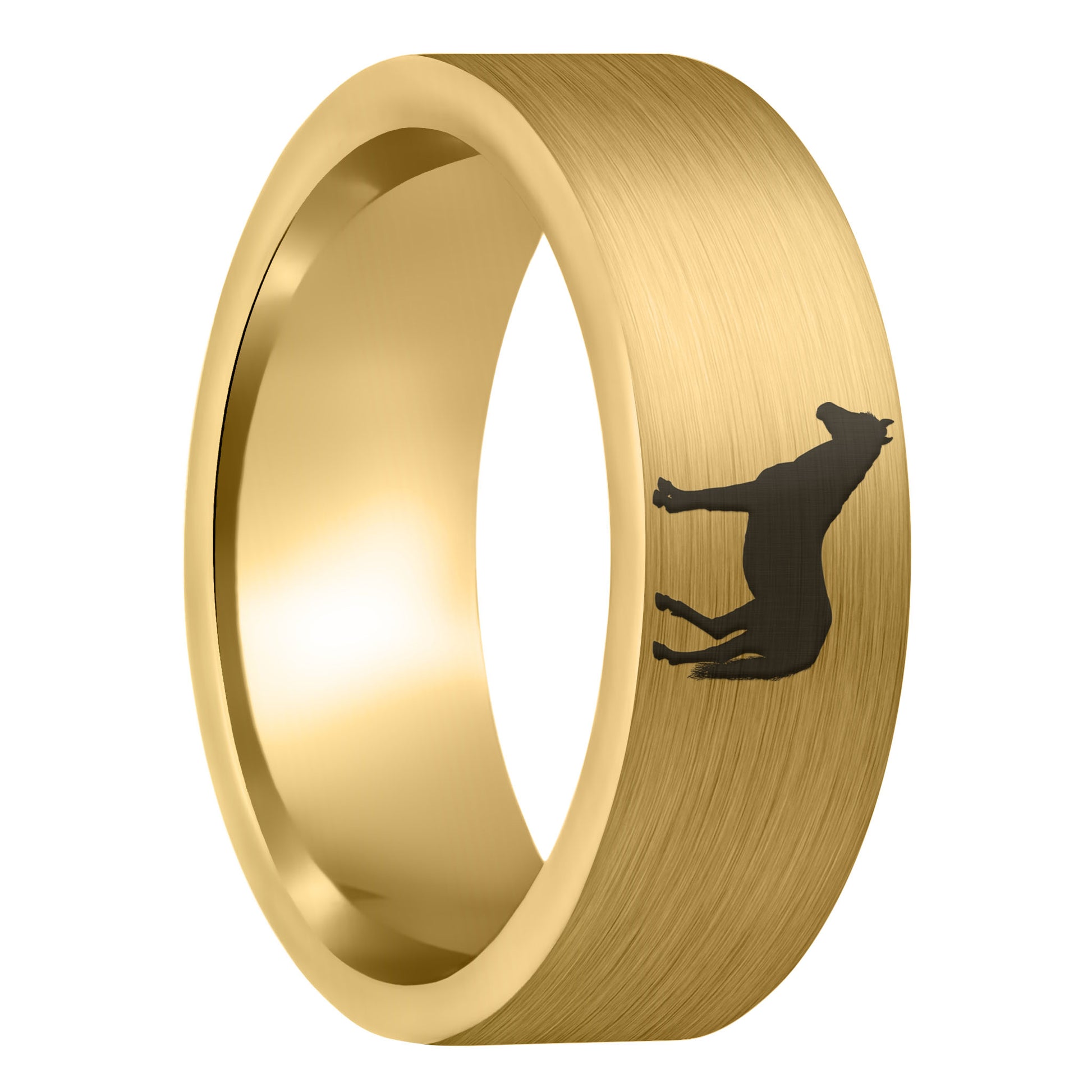 A horse brushed gold tungsten men's wedding band displayed on a plain white background.