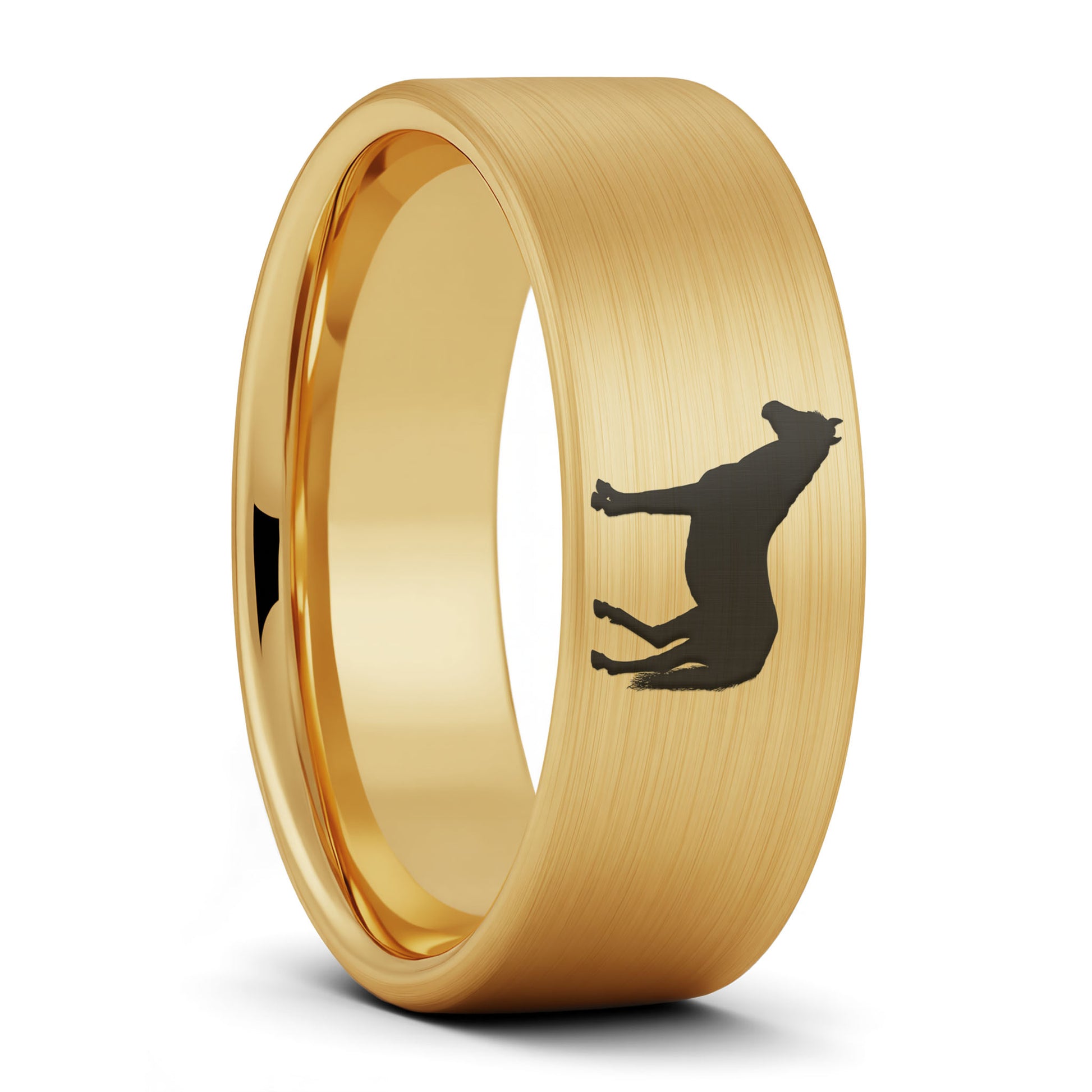 A horse brushed gold tungsten men's wedding band displayed on a plain white background.